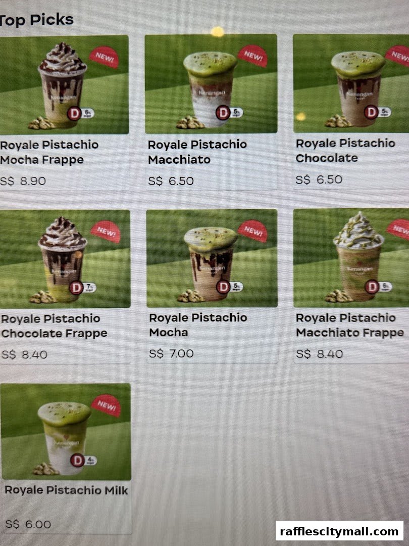 A display of various pistachio-themed coffee drinks with prices.