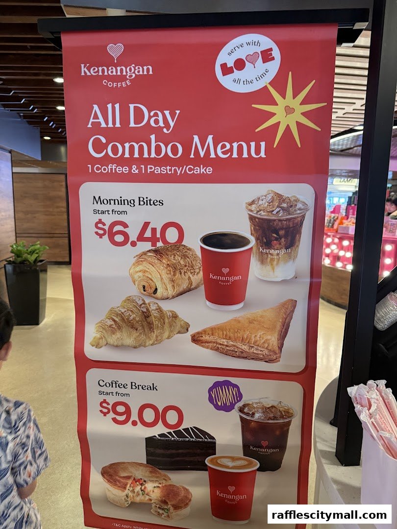 A menu banner for Kenangan Coffee showcasing all-day combo deals with coffee and pastries.