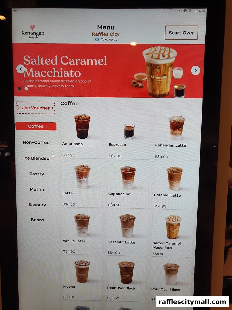 A digital menu displaying various coffee drinks and their prices at Kenangan Coffee.