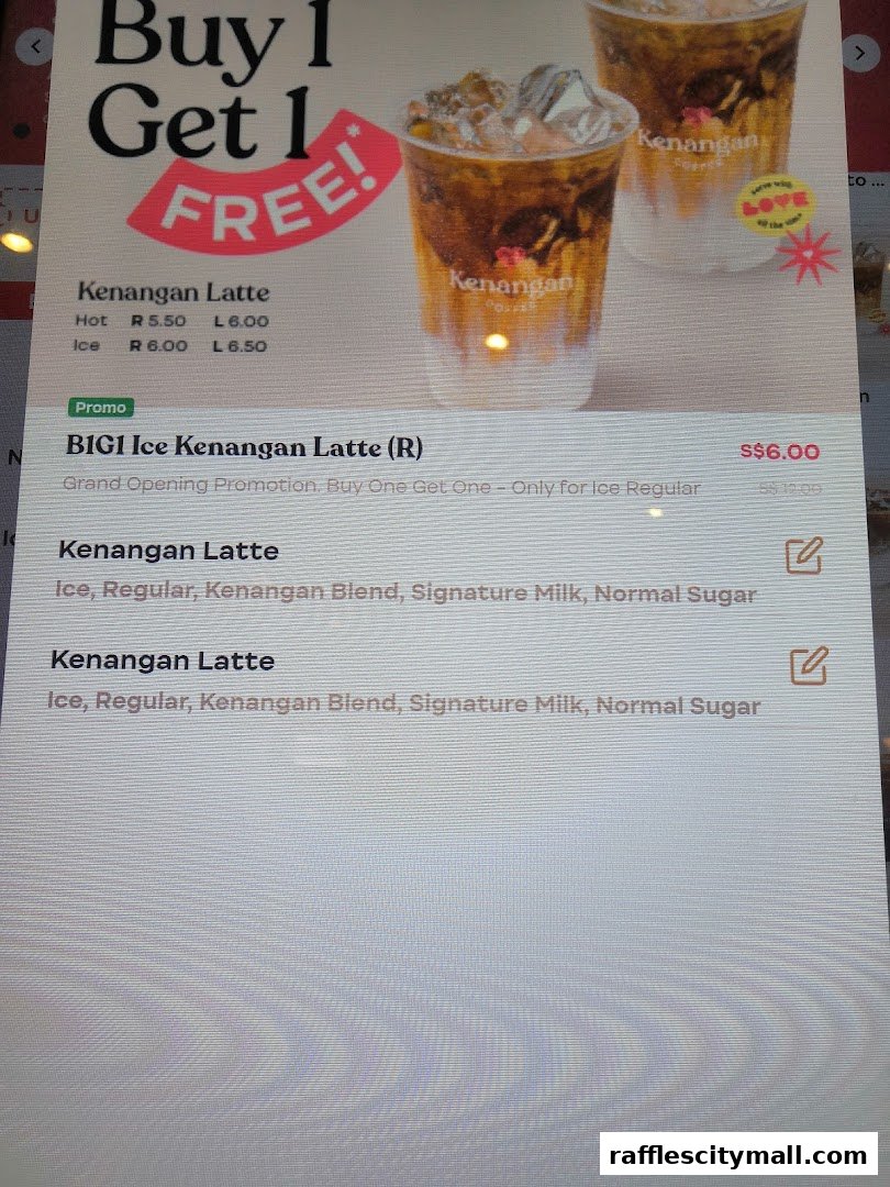 A menu display showing Kenangan Latte with hot and ice options and a buy one get one free promotion.