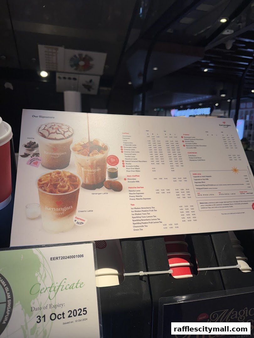 A menu from Kenangan Coffee featuring signature drinks and various coffee and tea options.