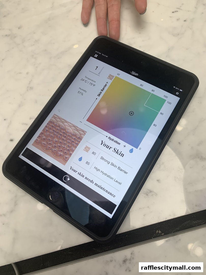 A tablet displaying a skin analysis with temperature, humidity, and skin barrier information.