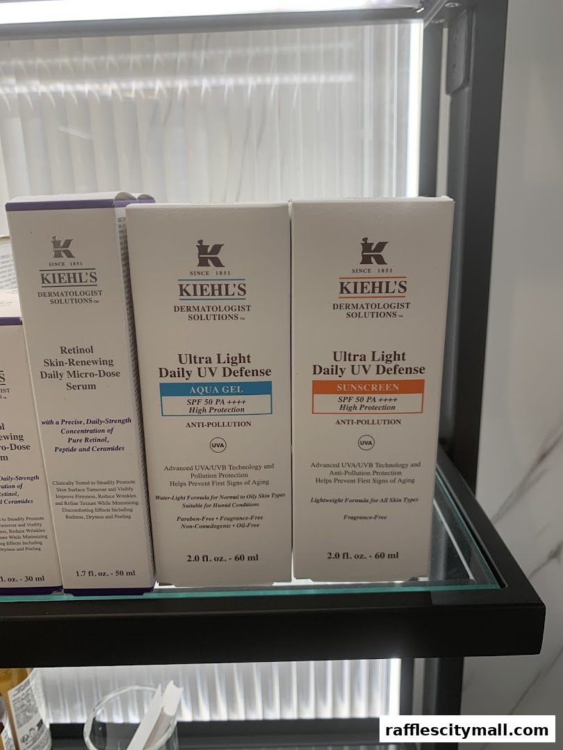 Kiehl's products displayed on shelves, featuring skincare solutions like Retinol Serum and UV Defense.