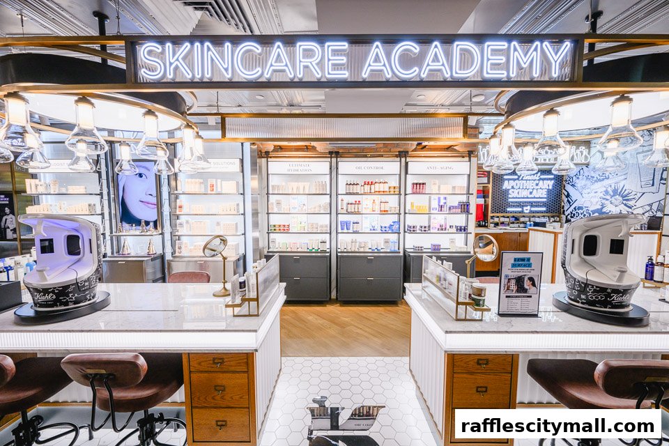 Interior view of a Kiehl's Skincare Academy shop with products displayed on shelves and counters.