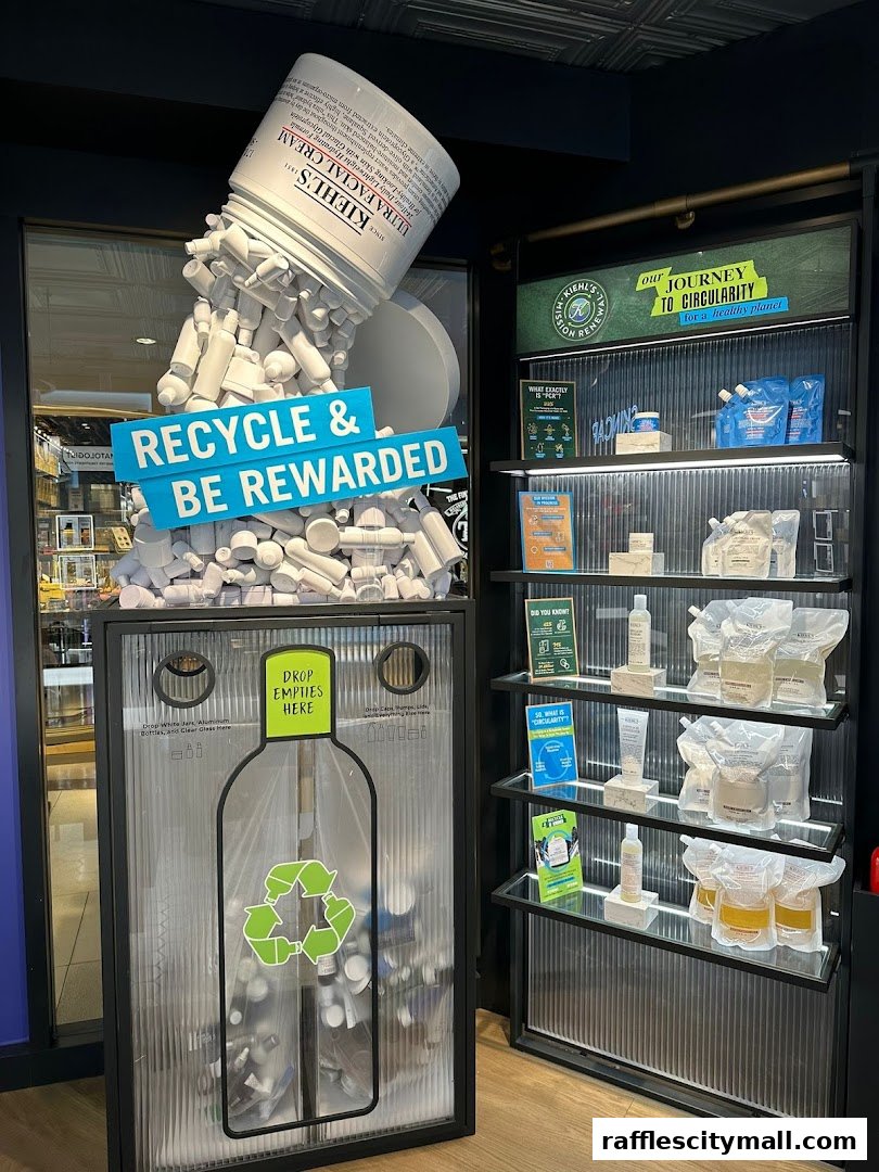 Kiehl's store display promoting recycling with a large cream jar overflowing with empty bottles.