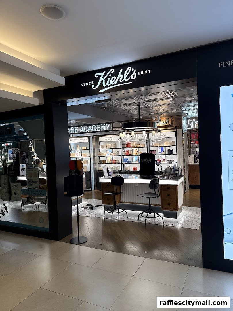 The entrance of a Kiehl's store, showcasing skincare products and a consultation counter.