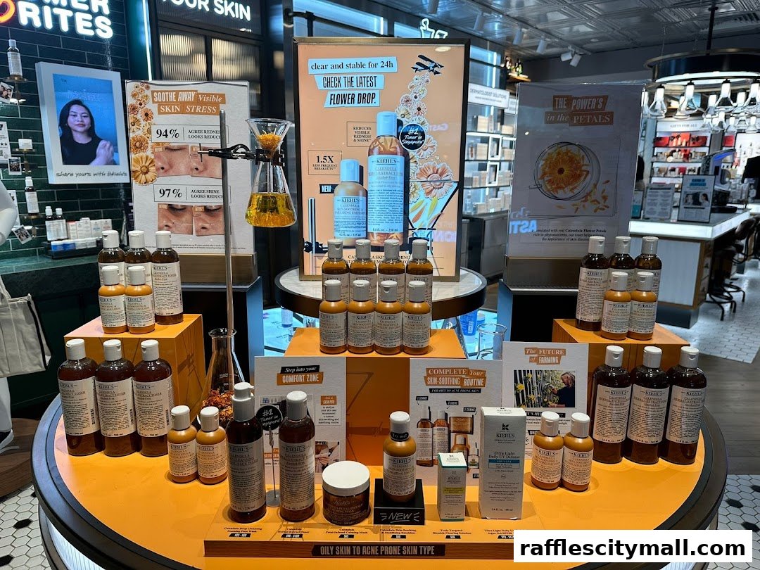 Kiehl's store display featuring skincare products, focusing on calendula-infused items and skin stress relief.