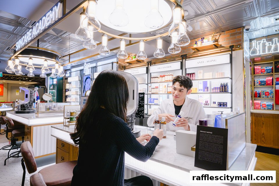 A skincare consultant assists a customer at the Kiehl's Raffles City store.