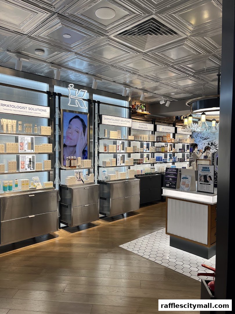 Interior view of a Kiehl's store showcasing skincare products and a modern retail display.