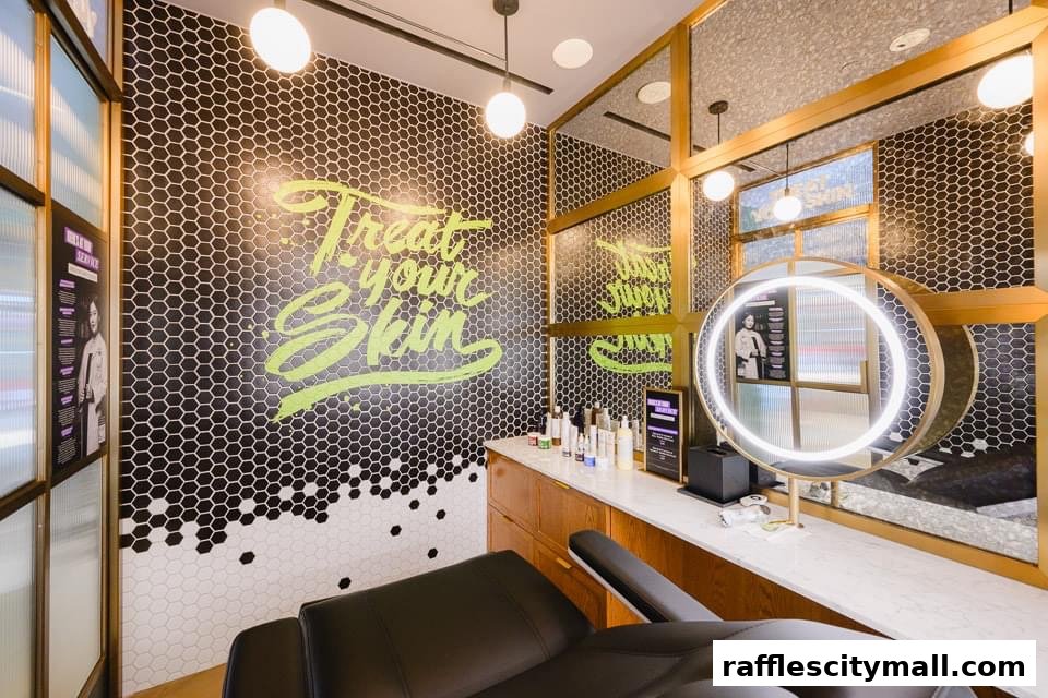 A modern beauty treatment room with a comfortable chair, illuminated mirror, and skincare products.