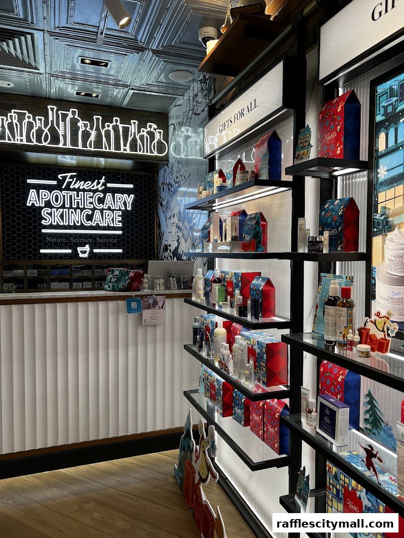 Interior view of Kiehl's Raffles City shop showcasing skincare products and gift sets.