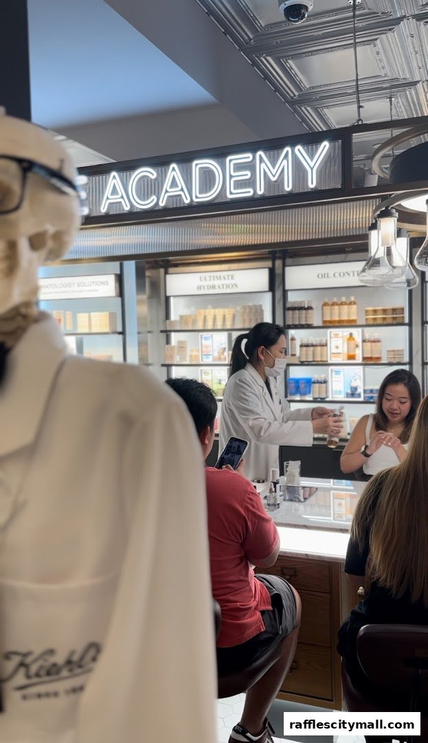 Kiehl's Academy session with staff demonstrating products to customers.