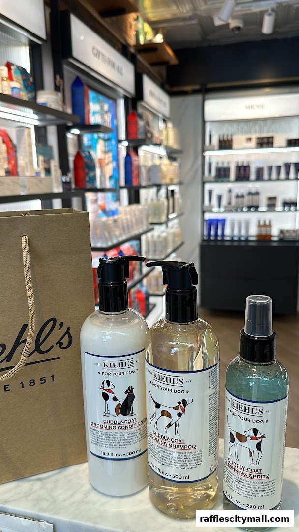 Kiehl's products for dogs, including grooming conditioner, shampoo, and cleansing spritz.