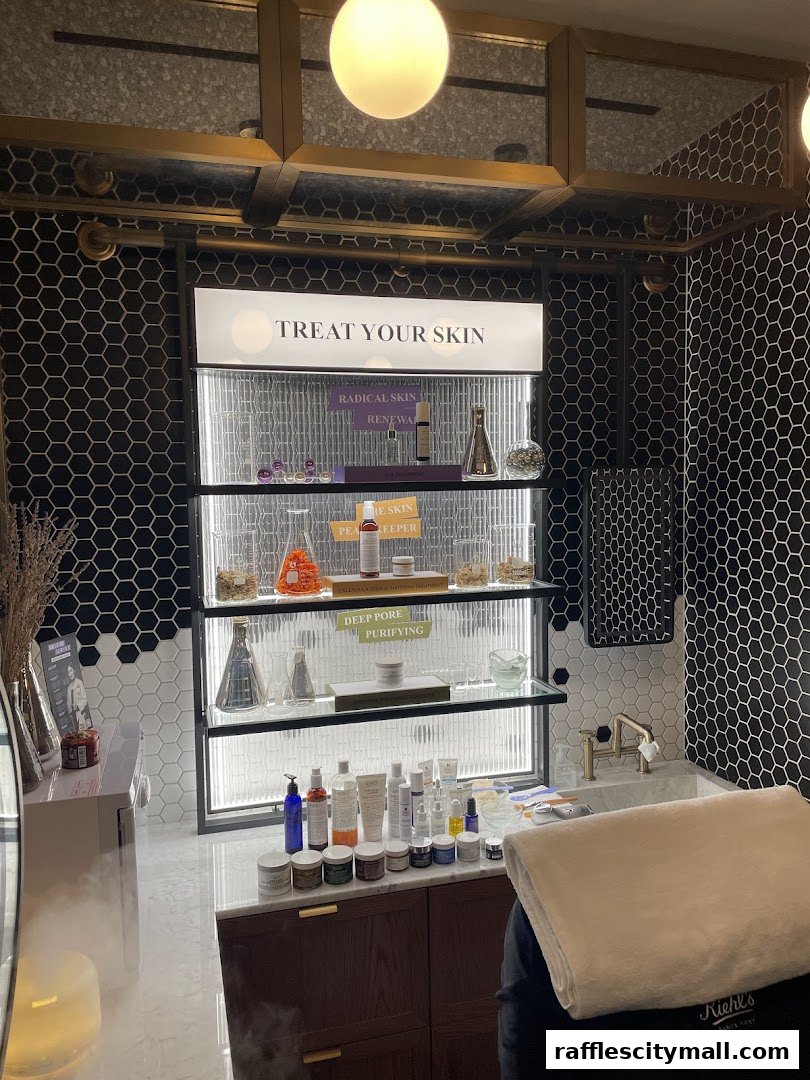Kiehl's store interior showcasing skincare products and a treatment area.