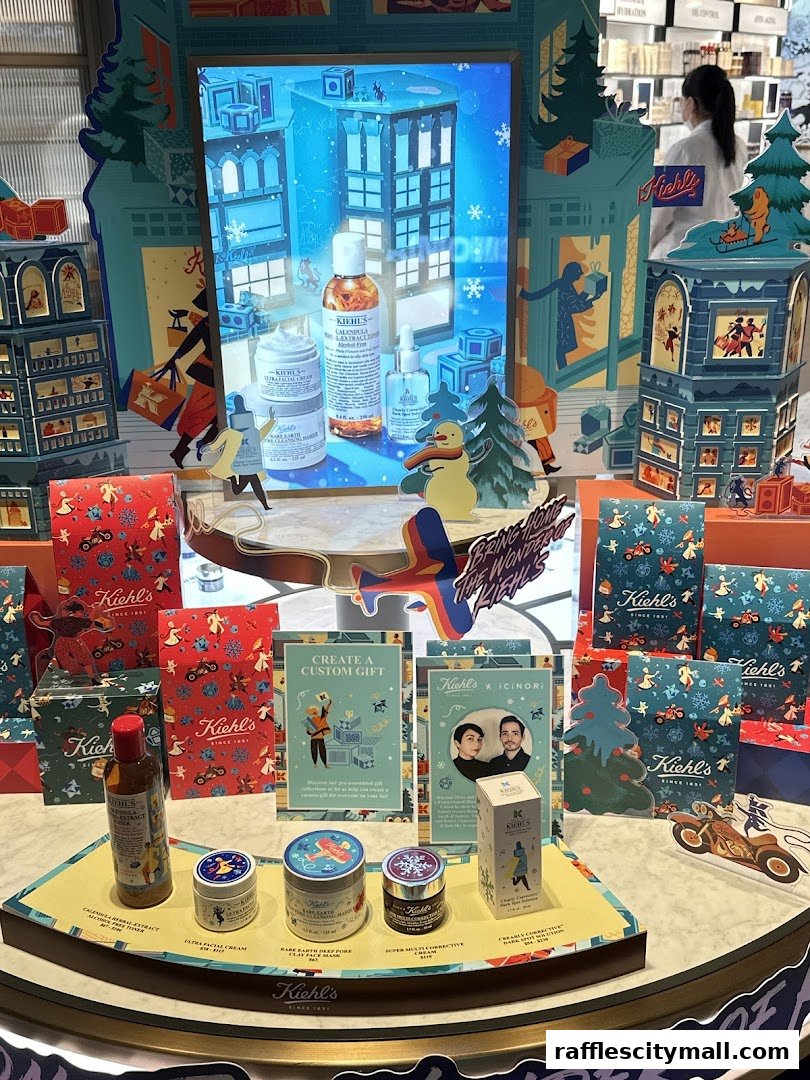 Kiehl's store display featuring holiday-themed packaging and skincare products.