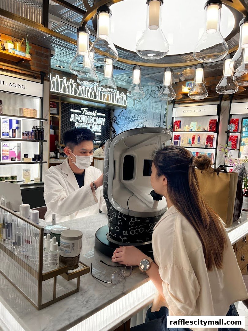 A skincare consultant uses a skin analysis machine on a customer in a Kiehl's store.