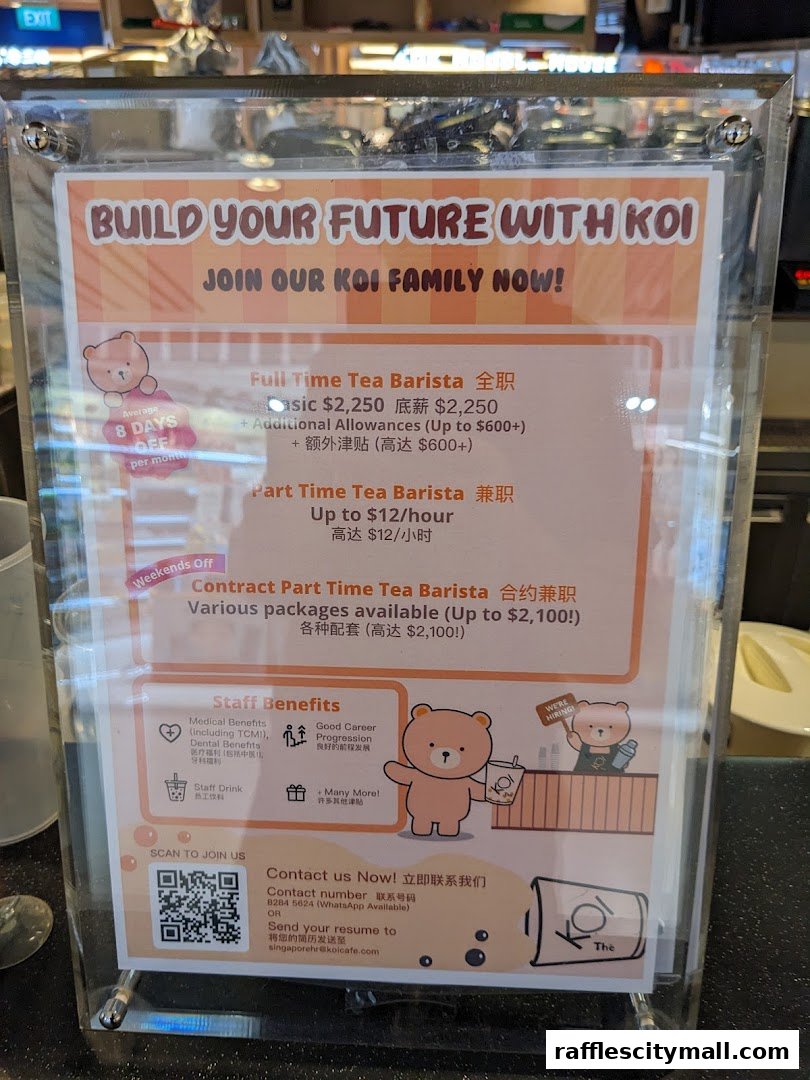 A recruitment poster for KOI Thé offering various barista positions and staff benefits.
