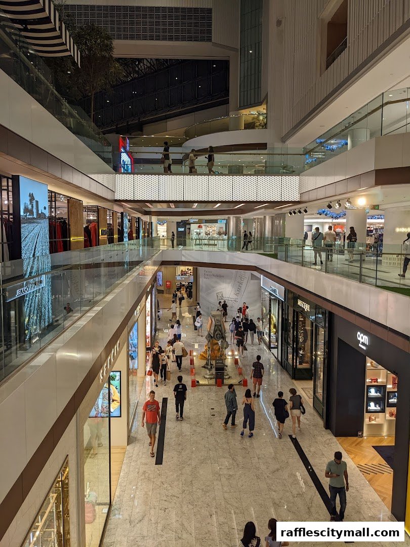 A bustling multi-level shopping mall interior with various shops and shoppers.