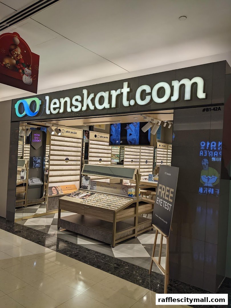 The Lenskart.com shop front displays a wide selection of eyeglasses and offers free eye tests.