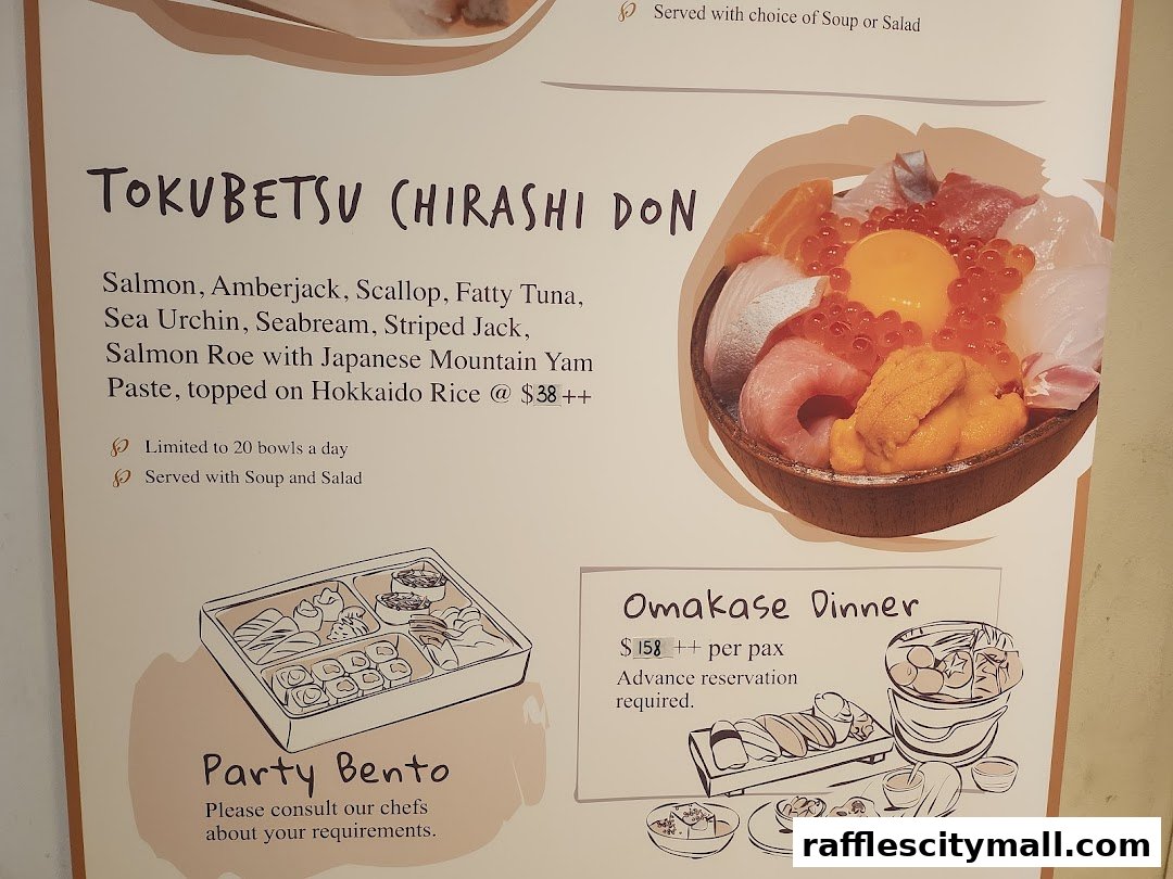 A menu featuring Tokubetsu Chirashi Don, Party Bento, and Omakase Dinner.