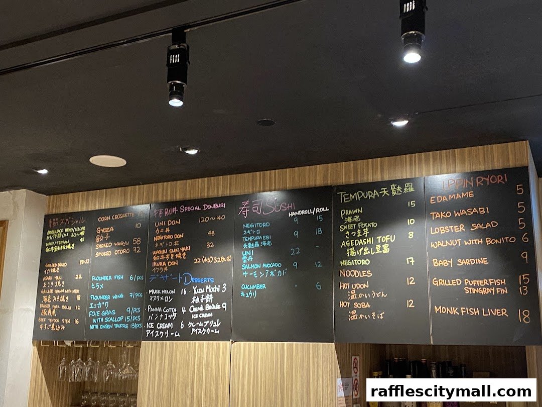 A chalk menu board displaying various Japanese dishes including sushi, tempura, and donburi.