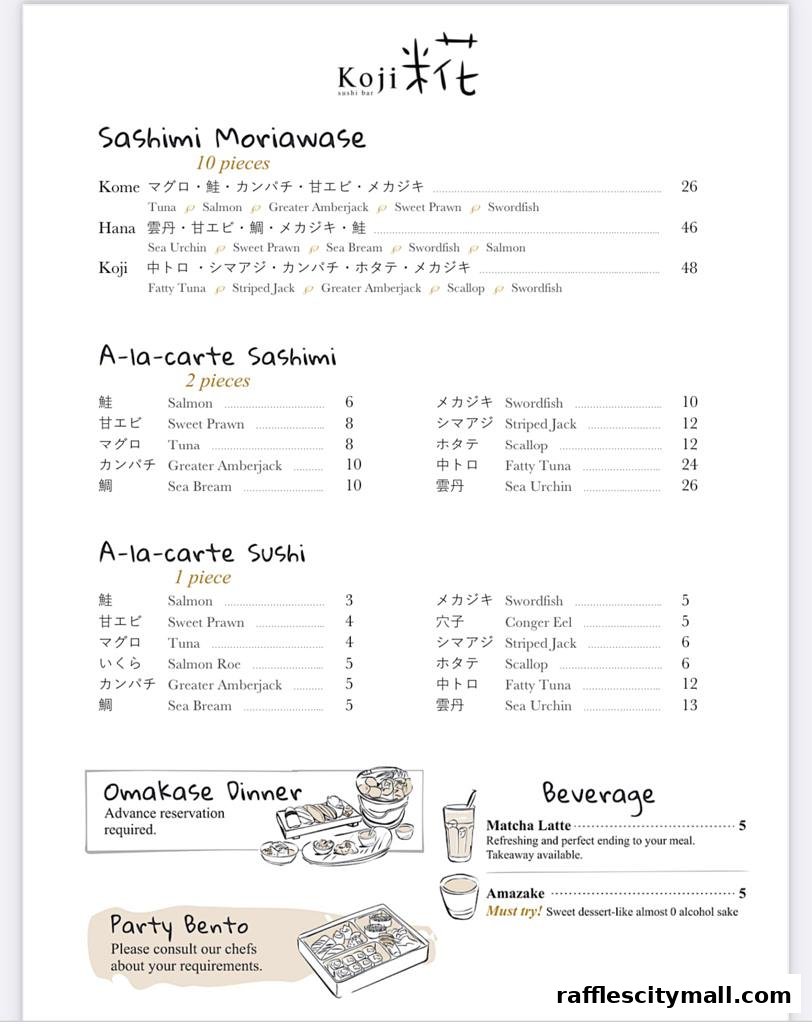 A menu from Koji Sushi Bar featuring sashimi, sushi, omakase, bento, and beverages.