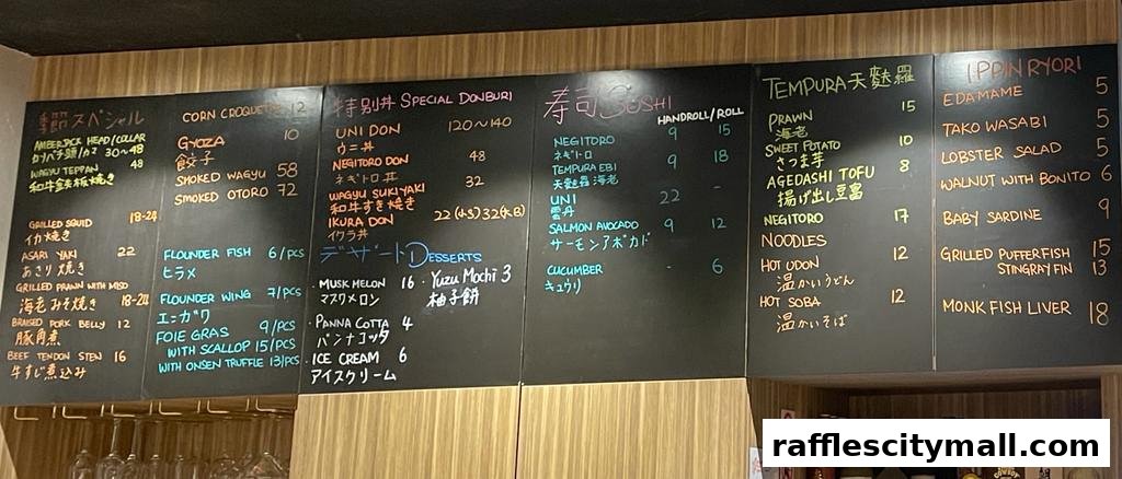A chalk menu board displaying various Japanese dishes, sushi, tempura, and desserts with prices.