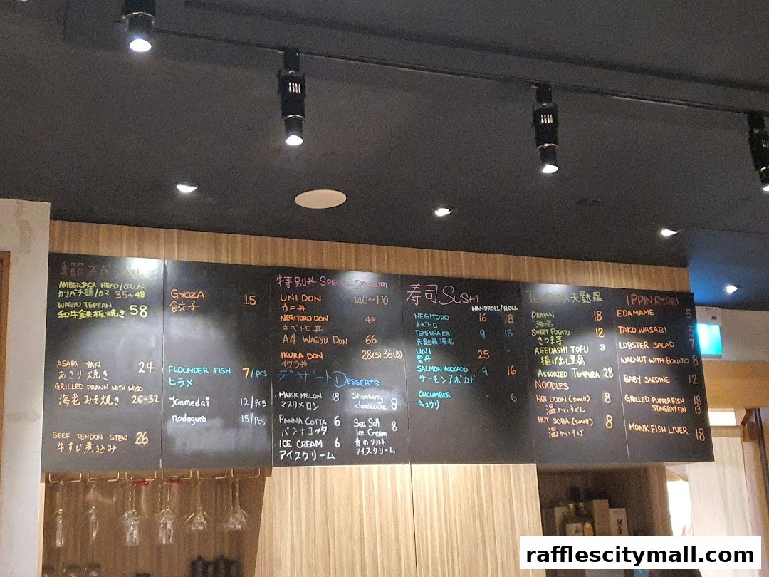 A chalk menu board displaying various Japanese dishes, sushi, and desserts with prices.