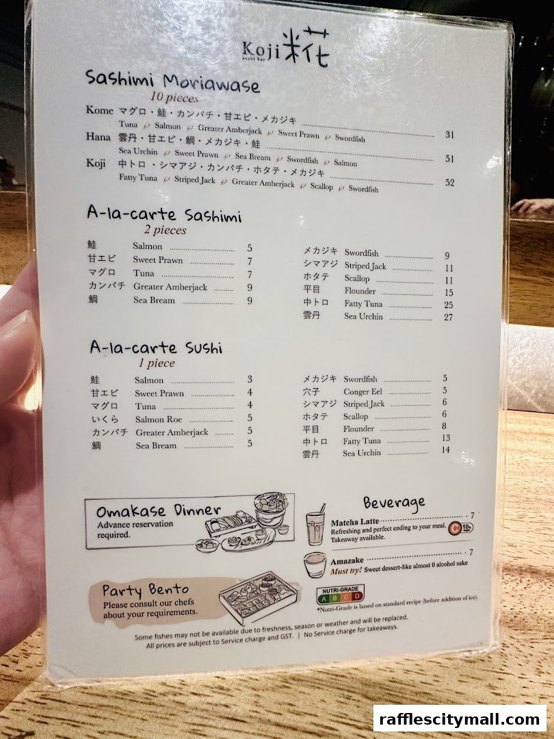A menu from Koji Sushi Bar featuring sashimi, sushi, and beverages with prices.