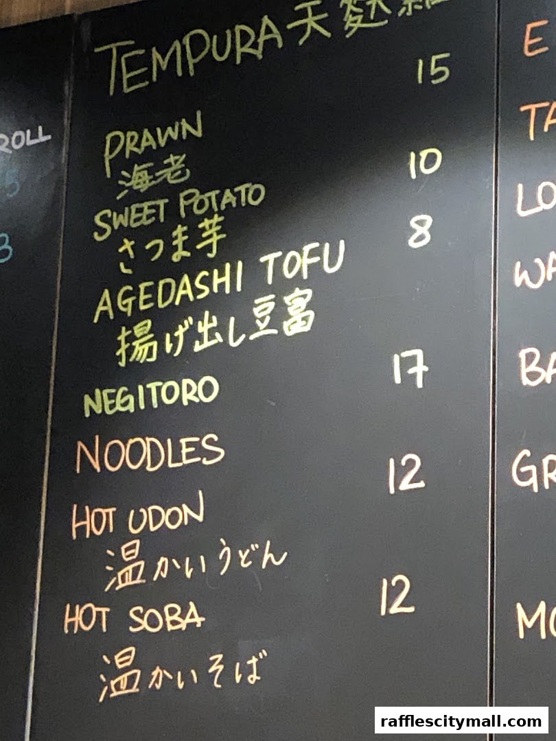 A close-up of a Japanese restaurant's menu board with various sushi and noodle dishes listed.