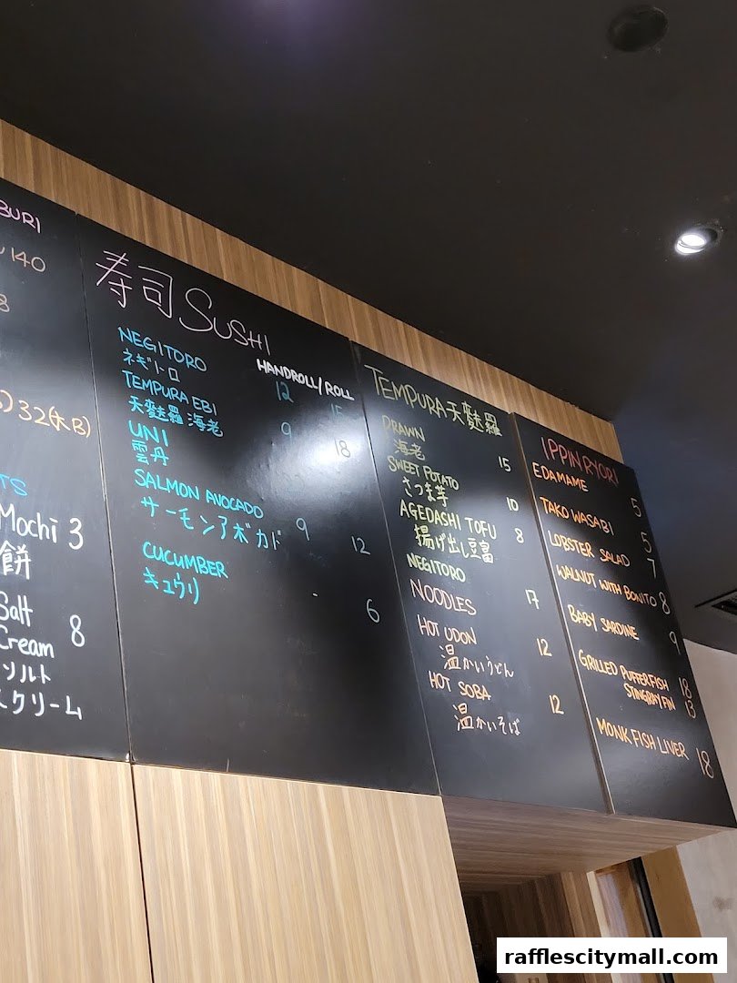 A chalk menu board displaying various sushi, tempura, and other Japanese dishes with prices.