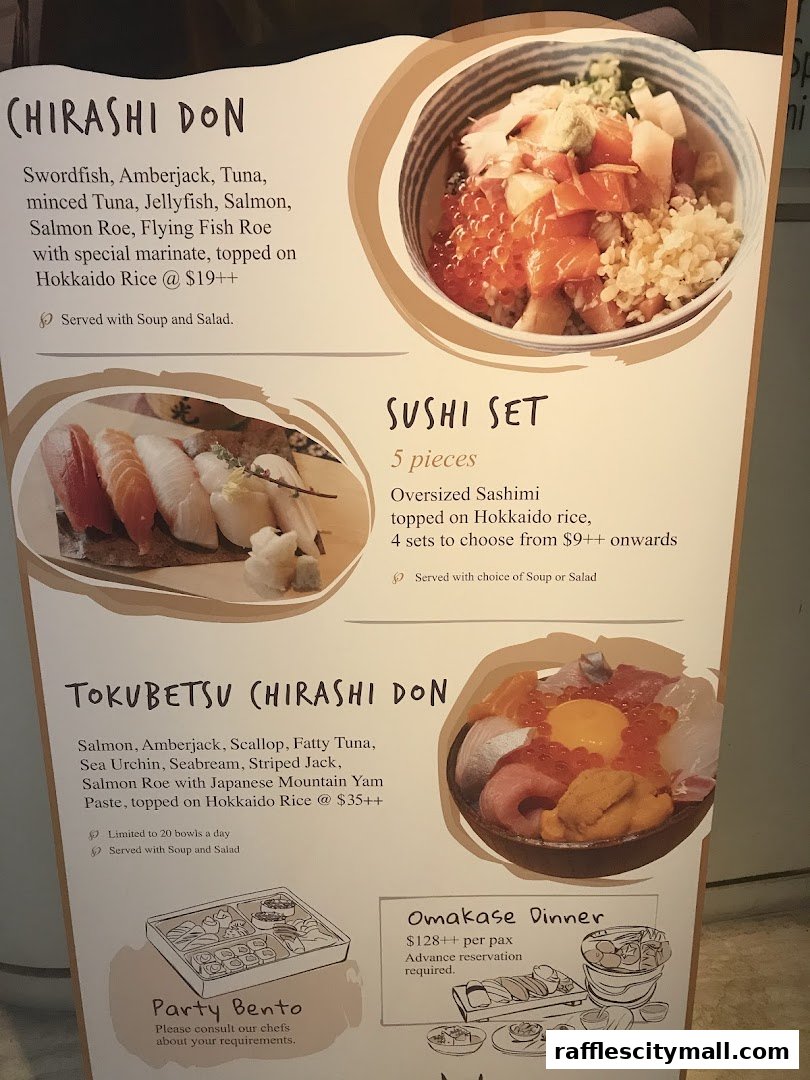 A menu board showcasing various Japanese rice bowls and sushi sets with prices.