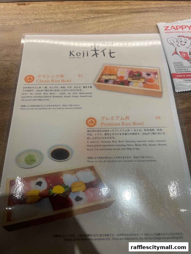 A menu from Koji Sushi Bar featuring two rice bowls with detailed descriptions and prices.