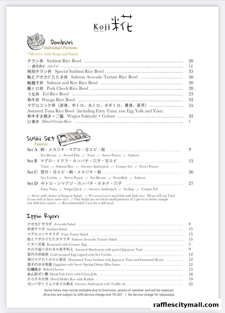 A menu from Koji Sushi Bar featuring Donburi, Sushi Sets, and Ippin Ryori dishes.