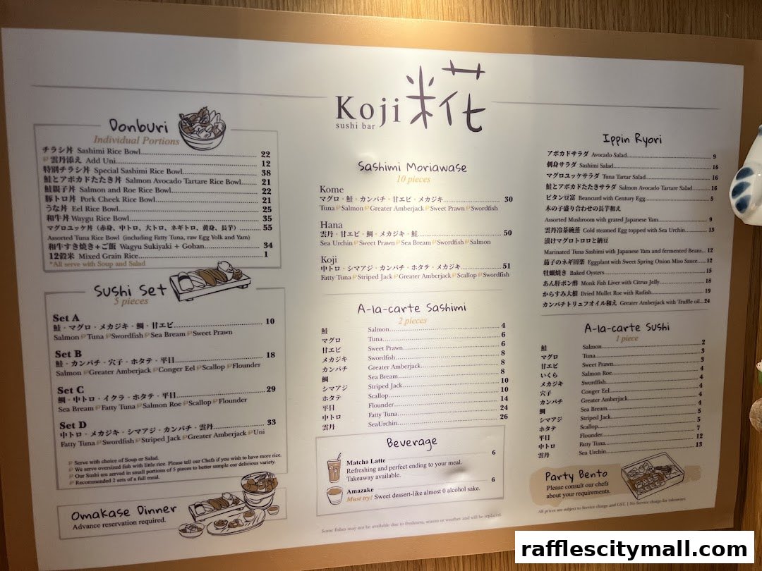 A menu for Koji Sushi Bar featuring Donburi, Sushi Sets, Sashimi, Sushi, Beverages, and Party Bento.