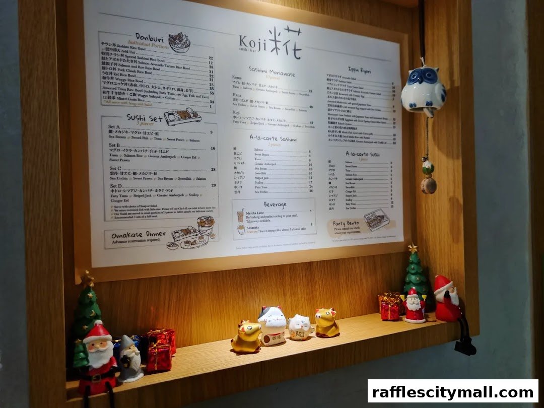 A menu board for Koji Sushi Bar with various Japanese dishes and sushi sets.