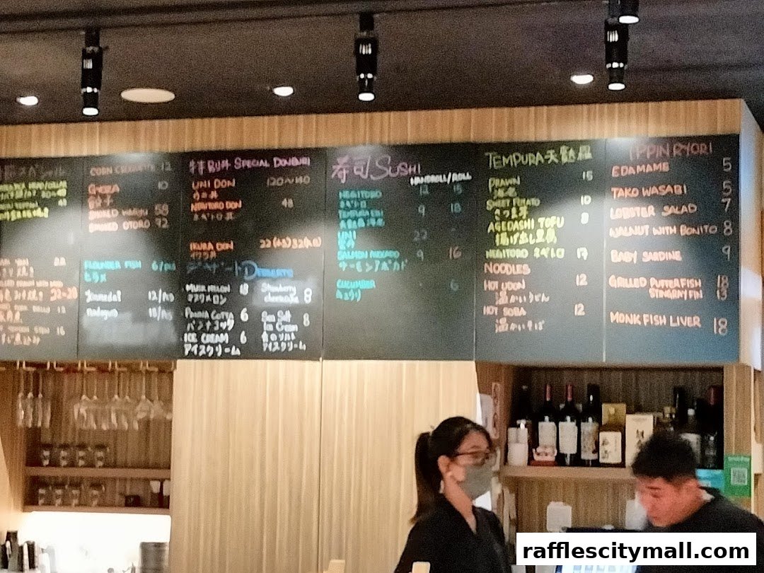 A close-up of a sushi restaurant's menu board displaying various sushi, tempura, and other Japanese dishes.