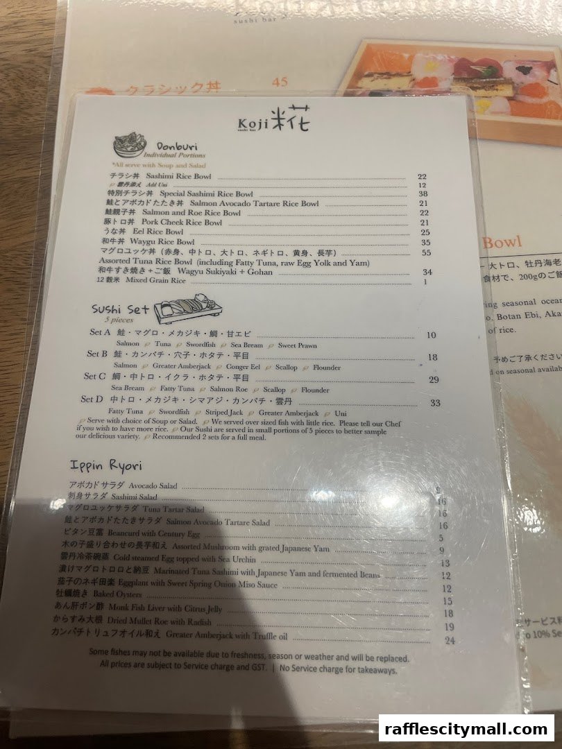 A menu from Koji Sushi Bar featuring Donburi and Ippin Ryori dishes, with prices listed.