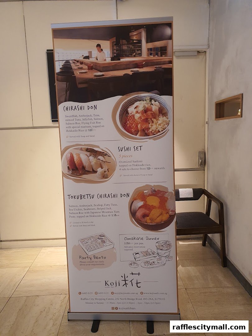A promotional banner for Koji Sushi Bar showcasing various sushi and donburi dishes with prices.