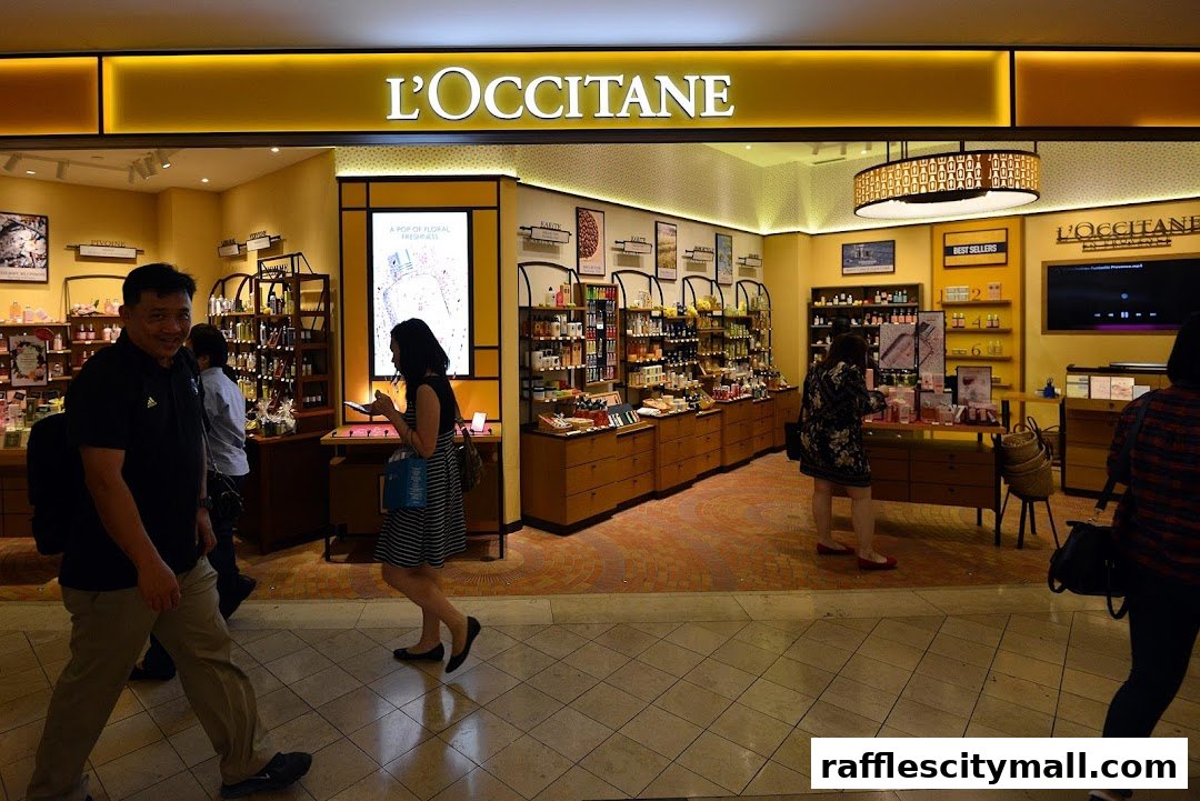Interior of a L'Occitane store with shelves stocked with beauty products and customers browsing.