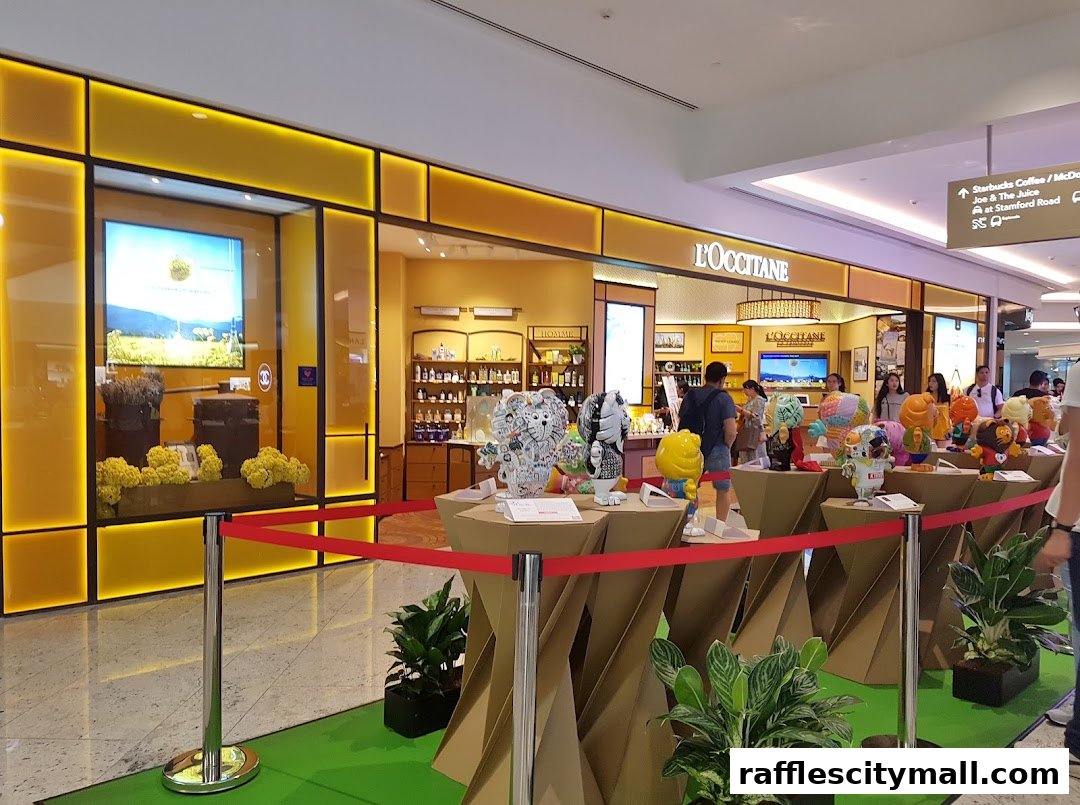 The L'OCCITANE shop front with a display of colorful art installations and products.