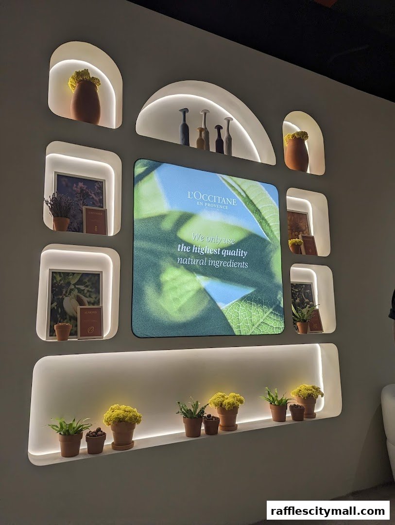 L'Occitane shop display featuring natural ingredients and decorative plants.