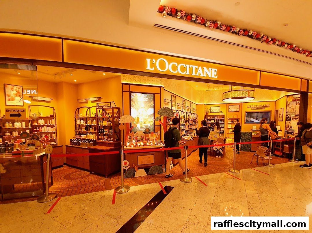 The L'Occitane store entrance with displays of beauty products and customers browsing.