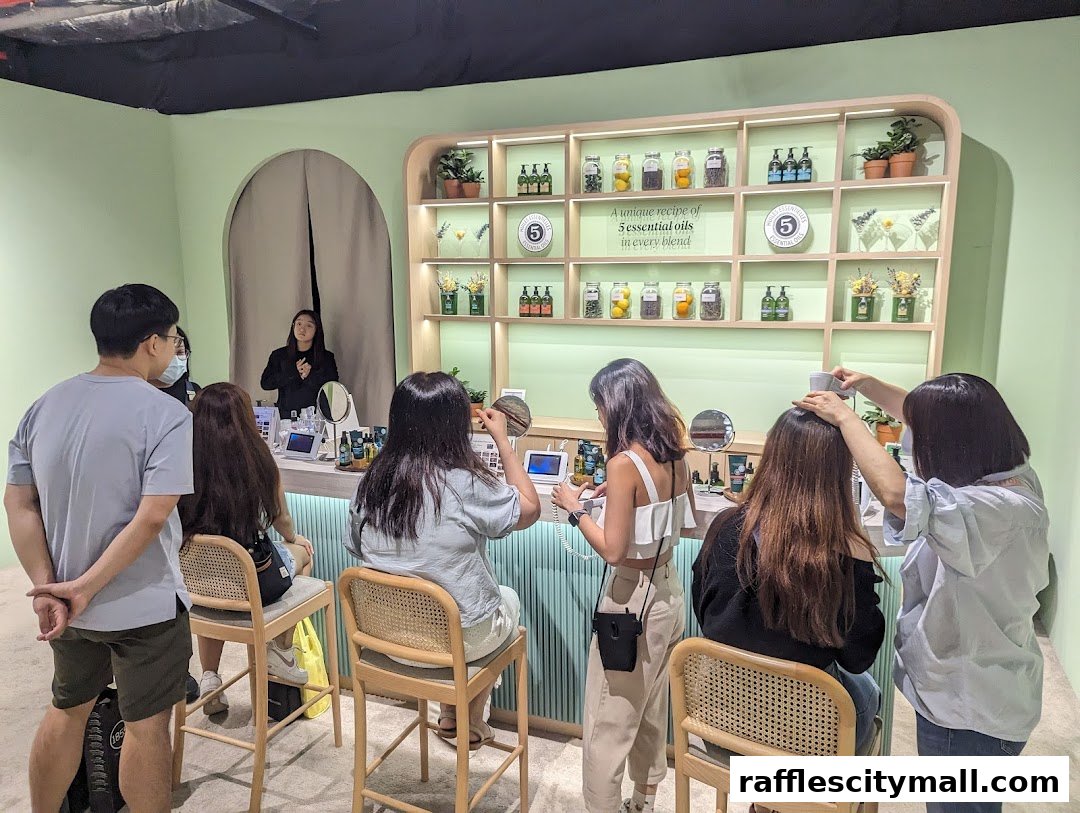 Customers are being served at a L'Occitane counter with essential oils displayed.