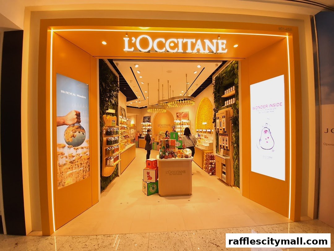 The bright and inviting storefront of L'Occitane, showcasing its natural beauty products.
