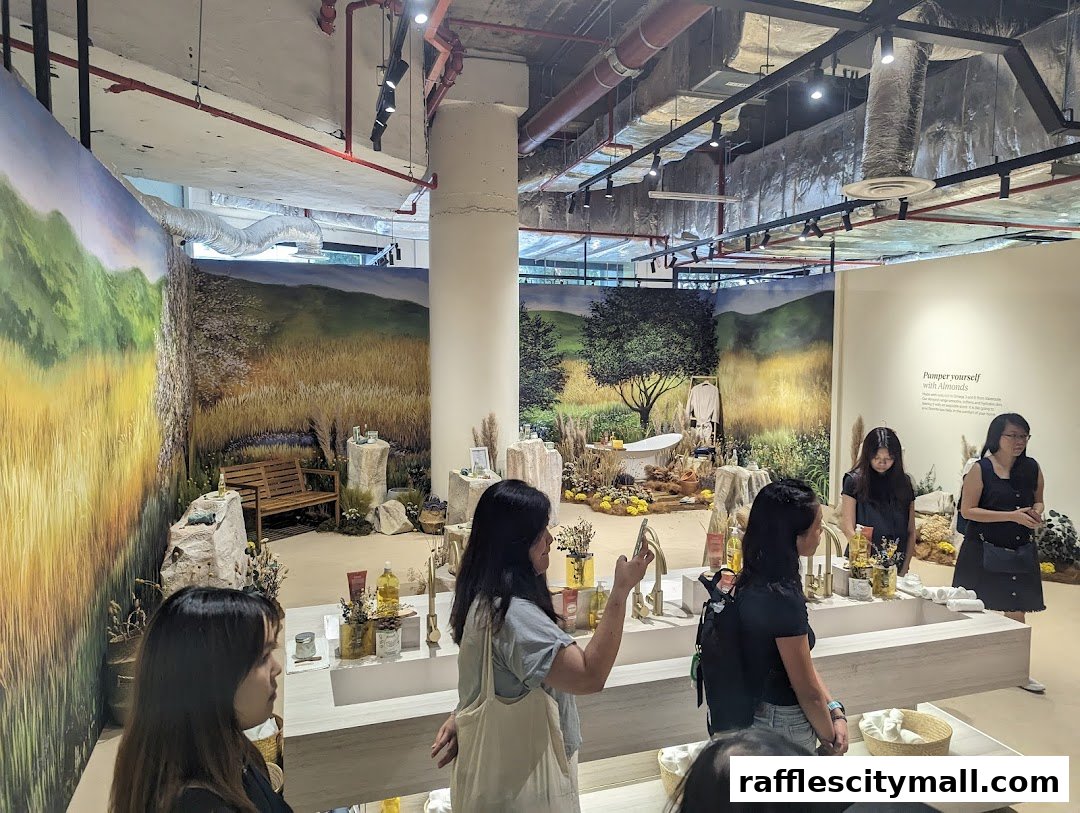 People browsing a L'Occitane store with nature-themed displays and products.