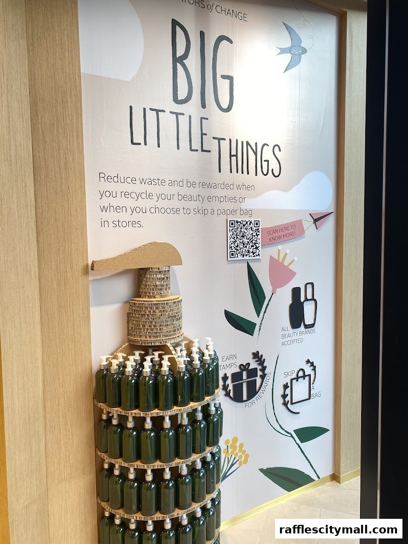 A display promoting recycling and rewards at L'Occitane, featuring a large bottle sculpture made of smaller bottles.