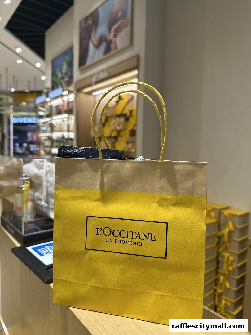 A yellow shopping bag with the L'OCCITANE logo sits on a counter in a store.