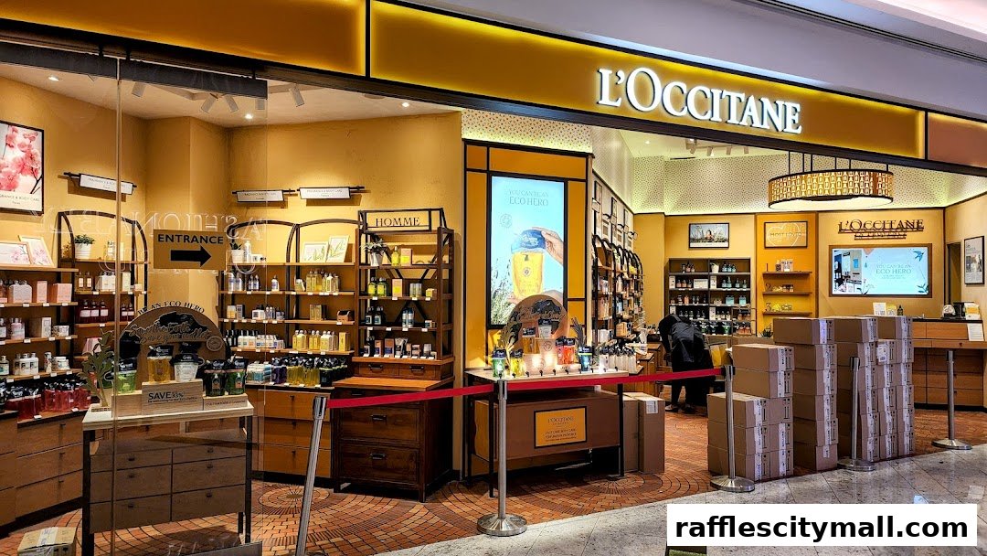 The L'Occitane shop front displays various skincare and body care products on shelves and a central display.