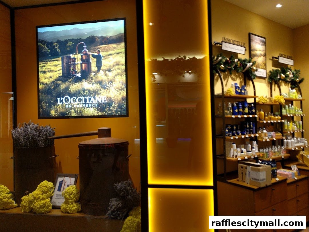 L'Occitane shop interior with product displays and a large illuminated advertisement.